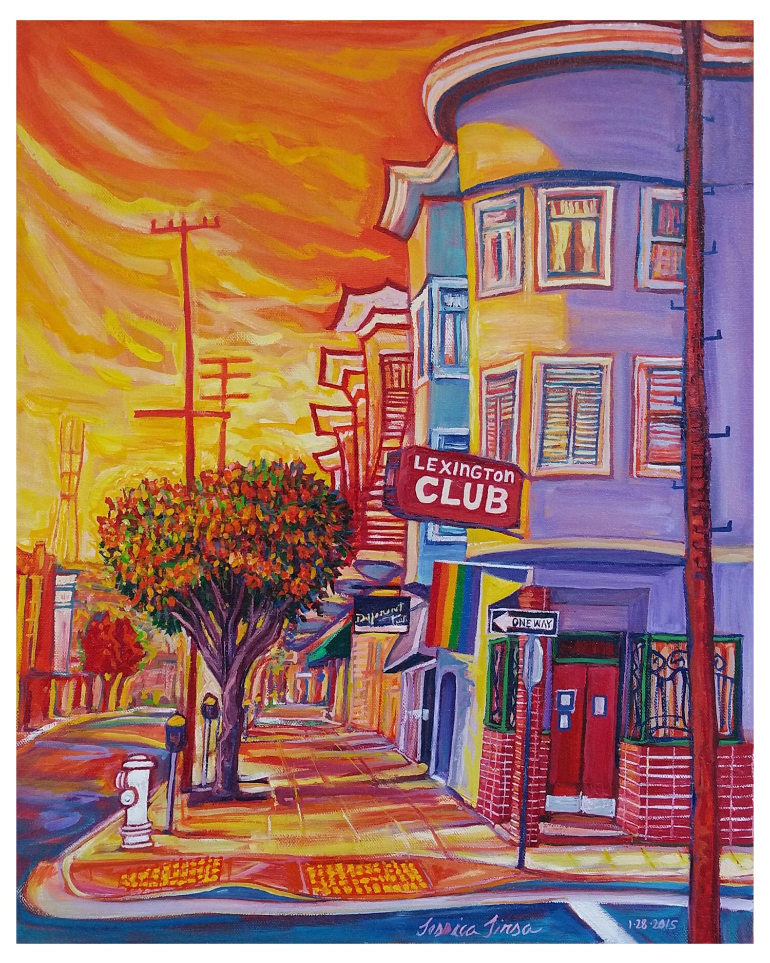 Colorful painting of the Lexington Club in San Francisco, CA.