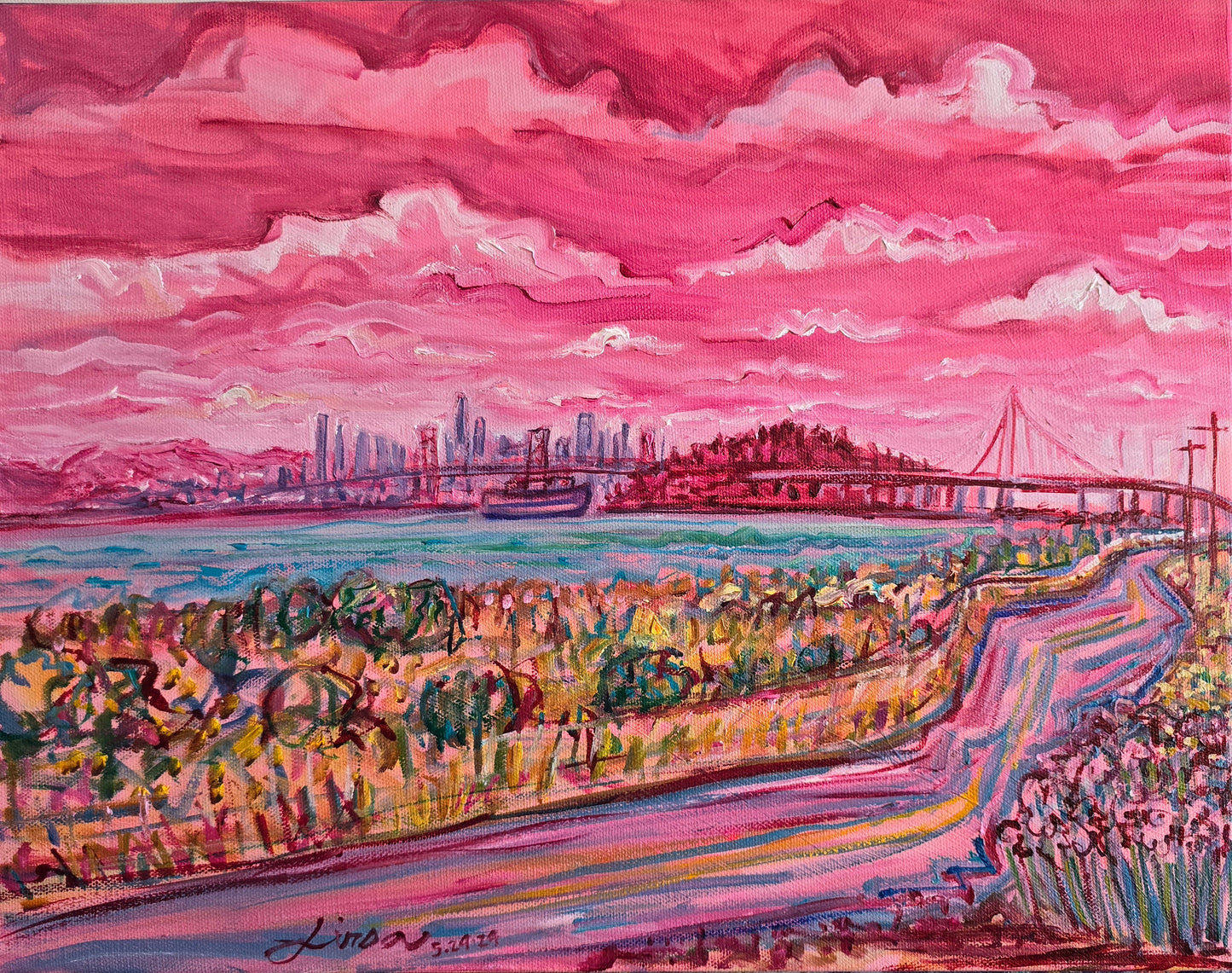 SF Bay Bridge on a Pink Day - Oil Painting